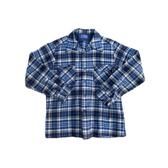 Vintage 1960s Blue Plaid Loop Pendleton Wool Collar Flannel - size Large - Picture 1 of 7